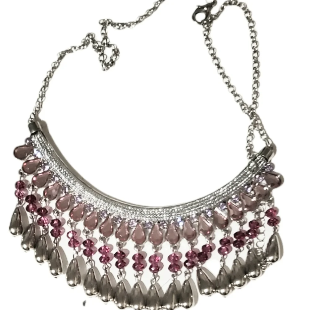 Big Bold Beautiful Pink Crystal Rhinestones Silver Teardrops Statement Necklace
